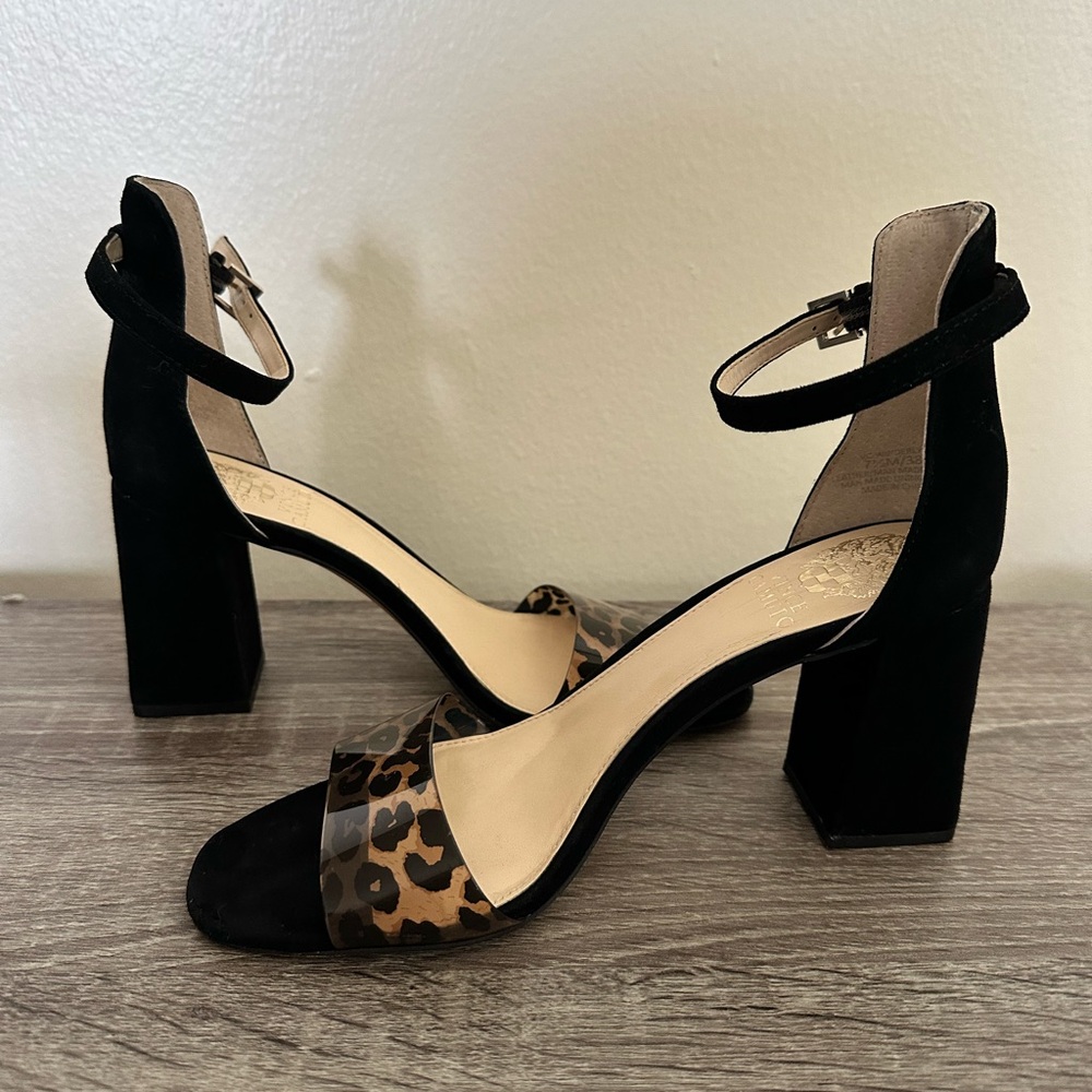 Vince Camuto Black/ Transparent Leopard, Leather Block‎ Heels | Open Toe Design.